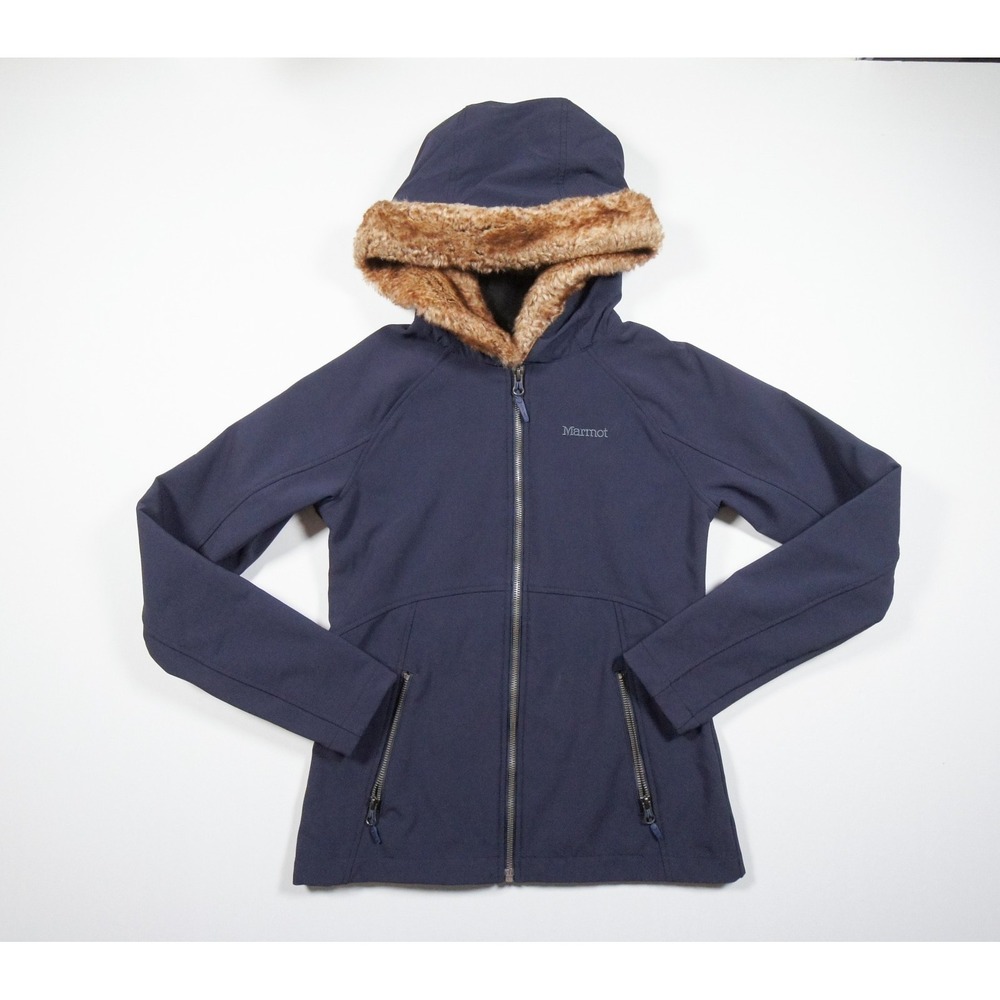 Marmot Jacket Womens Small Blue Hoodie Faux Fur Full Zip Outdoors Ladies Casual
